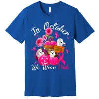 October We Wear Pink Pumpkin Ghost Halloween Breast Cancer Premium T-Shirt