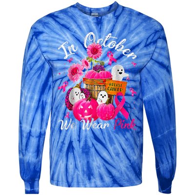 October We Wear Pink Pumpkin Ghost Halloween Breast Cancer Tie-Dye Long Sleeve Shirt