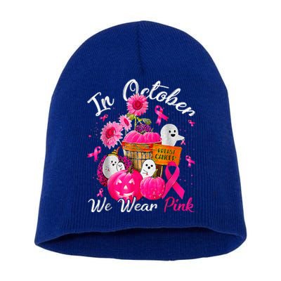 October We Wear Pink Pumpkin Ghost Halloween Breast Cancer Short Acrylic Beanie