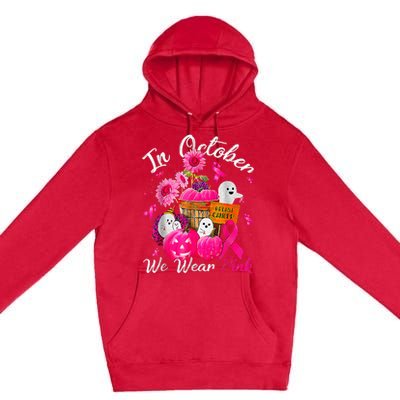 October We Wear Pink Pumpkin Ghost Halloween Breast Cancer Premium Pullover Hoodie