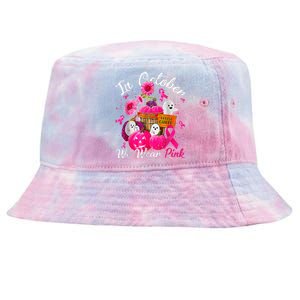 October We Wear Pink Pumpkin Ghost Halloween Breast Cancer Tie-Dyed Bucket Hat