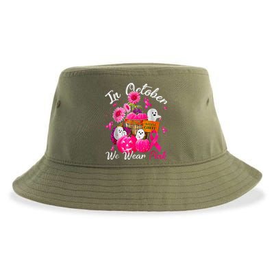 October We Wear Pink Pumpkin Ghost Halloween Breast Cancer Sustainable Bucket Hat