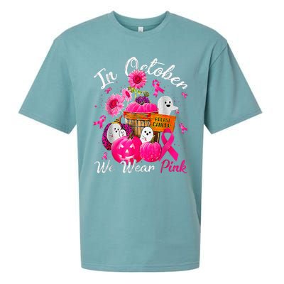 October We Wear Pink Pumpkin Ghost Halloween Breast Cancer Sueded Cloud Jersey T-Shirt