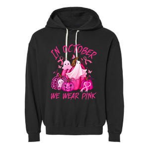 October We Wear Pink Pumpkin Ghost Halloween Breast Cancer Garment-Dyed Fleece Hoodie