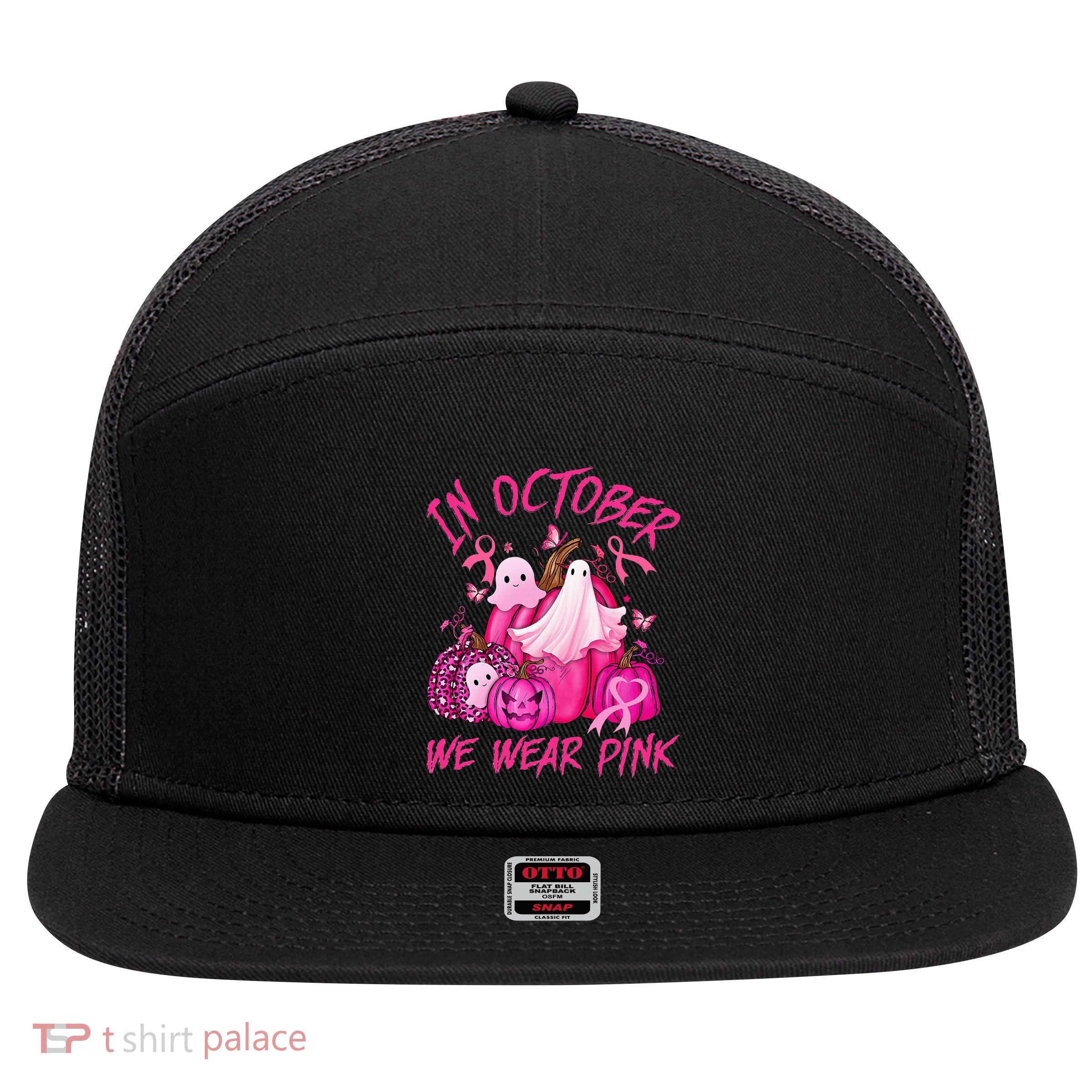 October We Wear Pink Pumpkin Ghost Halloween Breast Cancer 7 Panel Mesh Trucker Snapback Hat