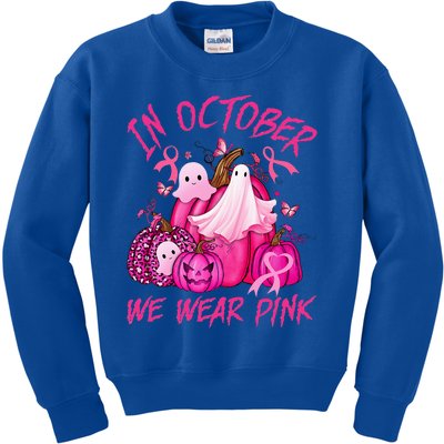 October We Wear Pink Pumpkin Ghost Halloween Breast Cancer Kids Sweatshirt