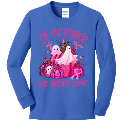 October We Wear Pink Pumpkin Ghost Halloween Breast Cancer Kids Long Sleeve Shirt