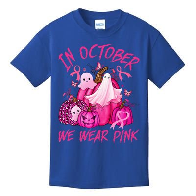 October We Wear Pink Pumpkin Ghost Halloween Breast Cancer Kids T-Shirt