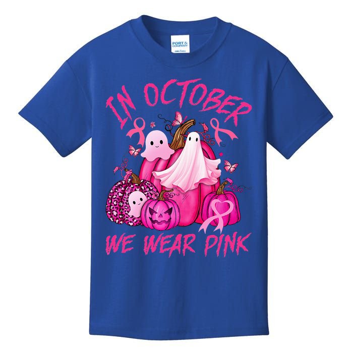 October We Wear Pink Pumpkin Ghost Halloween Breast Cancer Kids T-Shirt