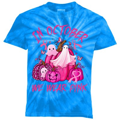 October We Wear Pink Pumpkin Ghost Halloween Breast Cancer Kids Tie-Dye T-Shirt