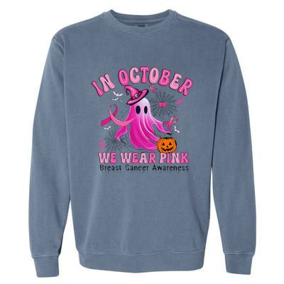 October We Wear Pin.K Breast Cancer Awareness Halloween Ghost Garment-Dyed Sweatshirt