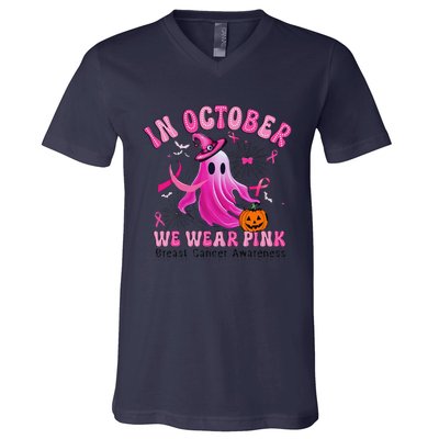 October We Wear Pin.K Breast Cancer Awareness Halloween Ghost V-Neck T-Shirt