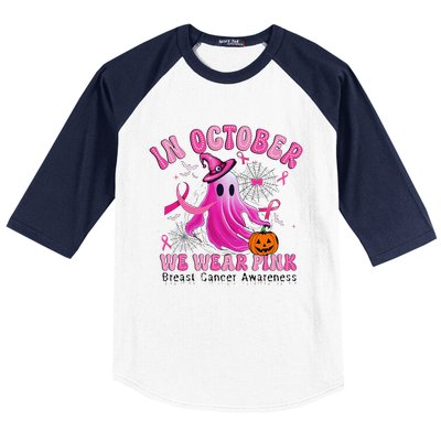 October We Wear Pin.K Breast Cancer Awareness Halloween Ghost Baseball Sleeve Shirt