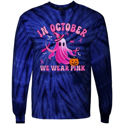 October We Wear Pin.K Breast Cancer Awareness Halloween Ghost Tie-Dye Long Sleeve Shirt