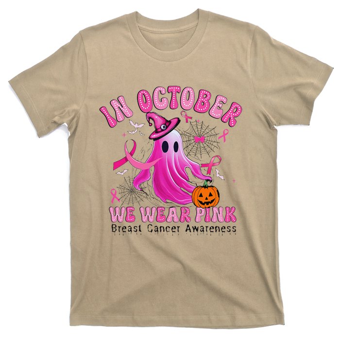 October We Wear Pin.K Breast Cancer Awareness Halloween Ghost T-Shirt