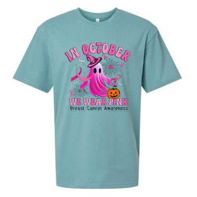 October We Wear Pin.K Breast Cancer Awareness Halloween Ghost Sueded Cloud Jersey T-Shirt