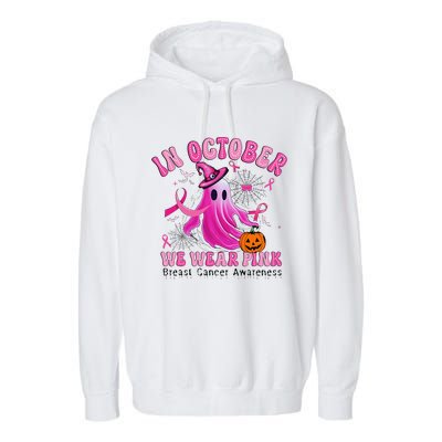 October We Wear Pin.K Breast Cancer Awareness Halloween Ghost Garment-Dyed Fleece Hoodie