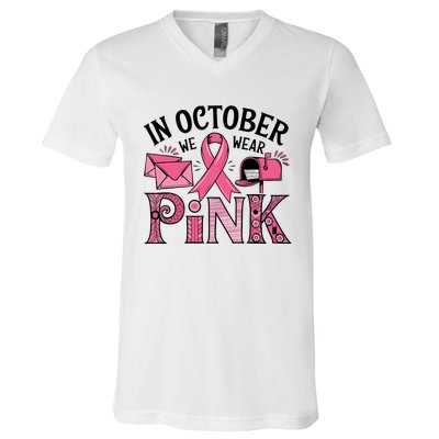 October We Wear Breast Cancer Awareness Postal Worker V-Neck T-Shirt