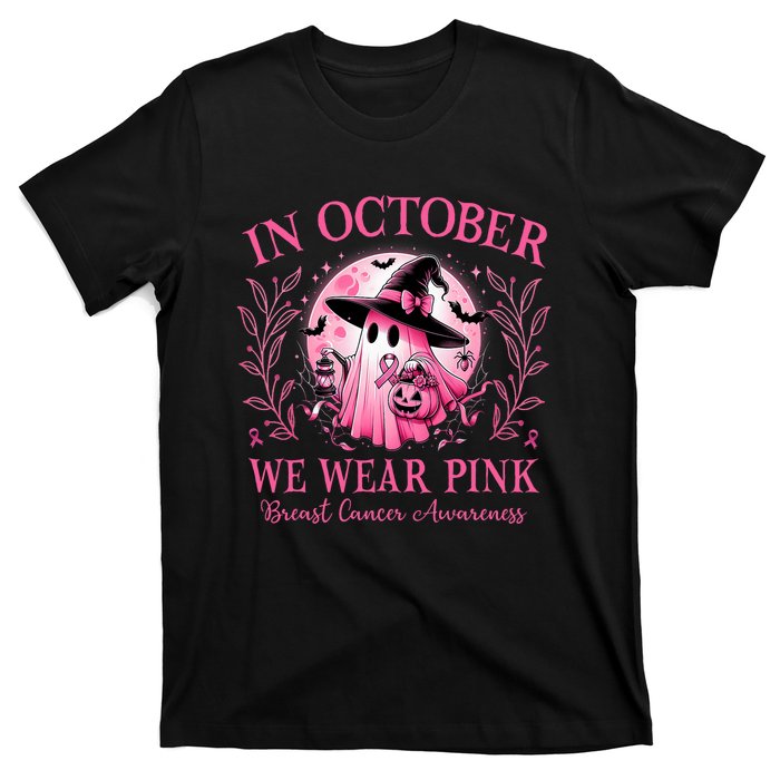 October We Wear Breast Cancer Awareness Halloween Ghost T-Shirt