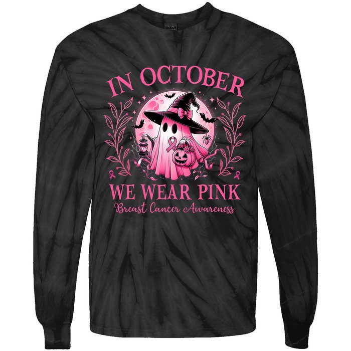 October We Wear Breast Cancer Awareness Halloween Ghost Tie-Dye Long Sleeve Shirt