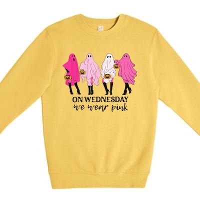 On Wednesday We Wear Pink Ghost Halloween Breast Cancer Premium Crewneck Sweatshirt