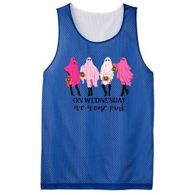 On Wednesday We Wear Pink Ghost Halloween Breast Cancer Mesh Reversible Basketball Jersey Tank