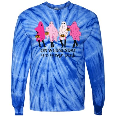 On Wednesday We Wear Pink Ghost Halloween Breast Cancer Tie-Dye Long Sleeve Shirt