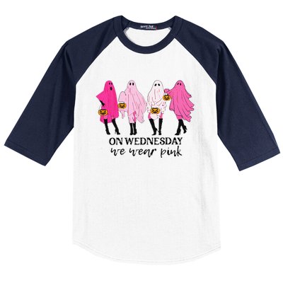 On Wednesday We Wear Pink Ghost Halloween Breast Cancer Baseball Sleeve Shirt