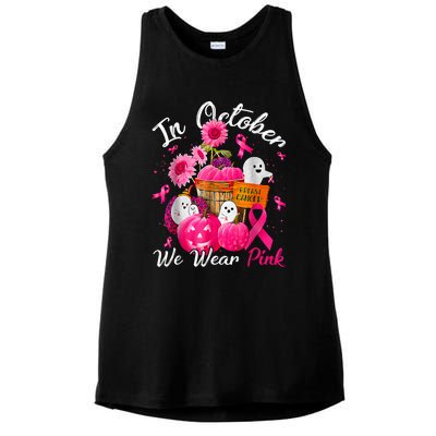 October We Wear Pink Pumpkin Ghost Halloween Breast Cancer Ladies PosiCharge Tri-Blend Wicking Tank