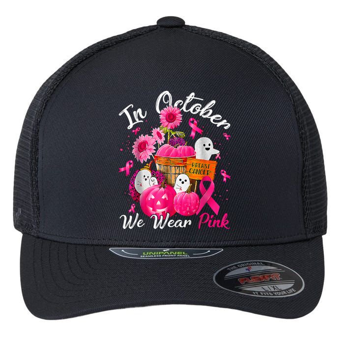 October We Wear Pink Pumpkin Ghost Halloween Breast Cancer Flexfit Unipanel Trucker Cap