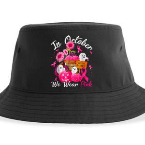 October We Wear Pink Pumpkin Ghost Halloween Breast Cancer Sustainable Bucket Hat