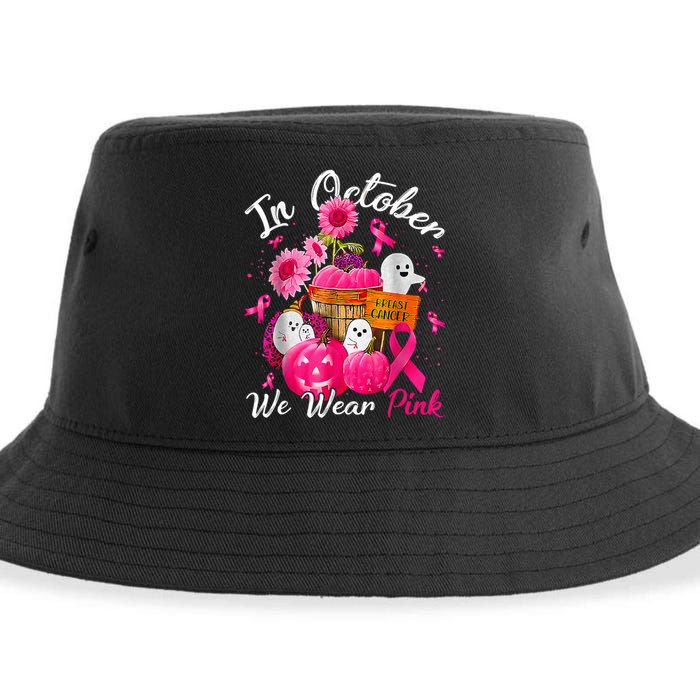 October We Wear Pink Pumpkin Ghost Halloween Breast Cancer Sustainable Bucket Hat