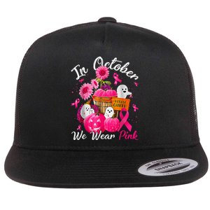 October We Wear Pink Pumpkin Ghost Halloween Breast Cancer Flat Bill Trucker Hat