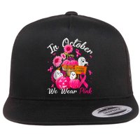 October We Wear Pink Pumpkin Ghost Halloween Breast Cancer Flat Bill Trucker Hat