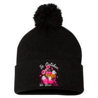 October We Wear Pink Pumpkin Ghost Halloween Breast Cancer Pom Pom 12in Knit Beanie