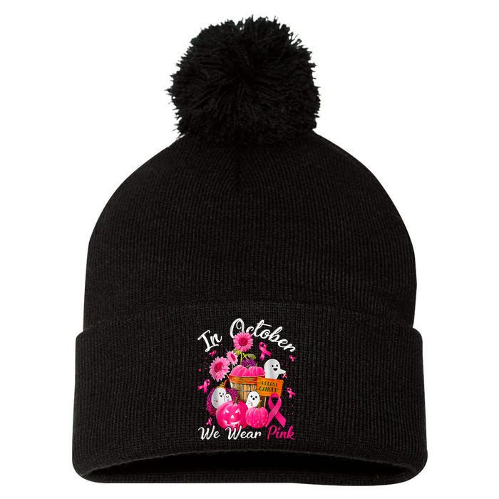 October We Wear Pink Pumpkin Ghost Halloween Breast Cancer Pom Pom 12in Knit Beanie