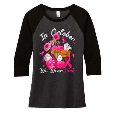 October We Wear Pink Pumpkin Ghost Halloween Breast Cancer Women's Tri-Blend 3/4-Sleeve Raglan Shirt