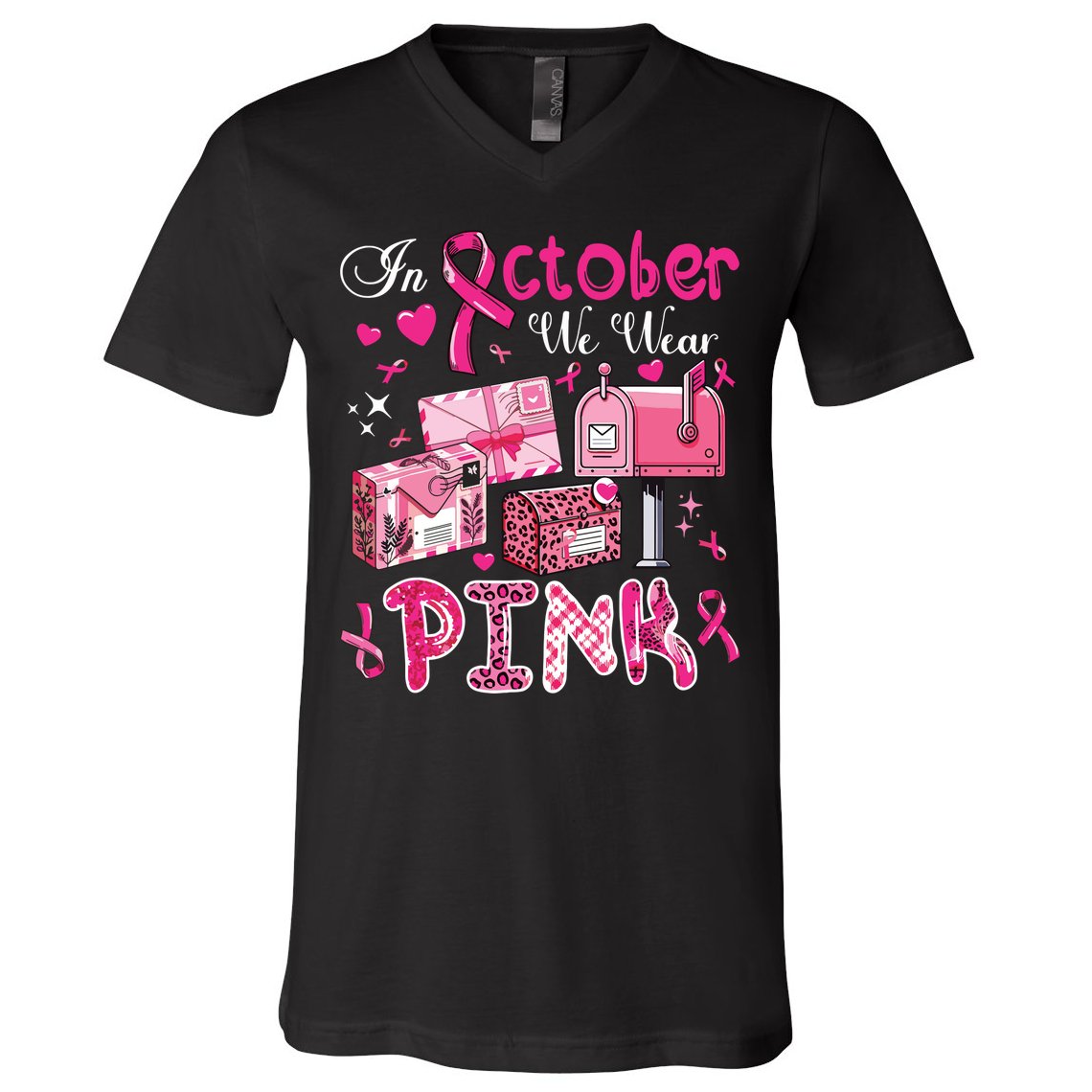 October We Wear Breast Cancer Awareness Postal Worker V-Neck T-Shirt