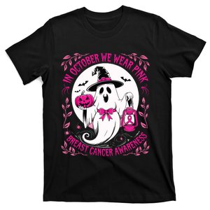 October We Wear Ghost Halloween Pumpkins Breast Cancer T-Shirt