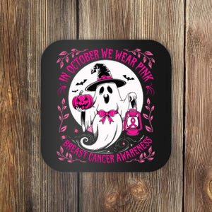 October We Wear Ghost Halloween Pumpkins Breast Cancer Coaster