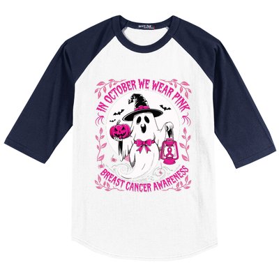 October We Wear Ghost Halloween Pumpkins Breast Cancer Baseball Sleeve Shirt