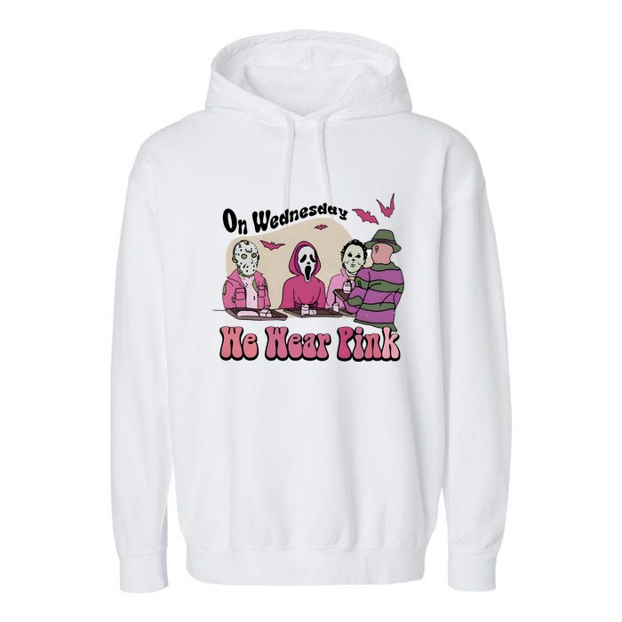 On Wednesday We Wear Pink Halloween Michael Ghostface Voorhees Garment-Dyed Fleece Hoodie