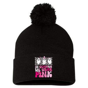 October We Wear Pink Funny Ghost Halloween Breast Cancer Pom Pom 12in Knit Beanie