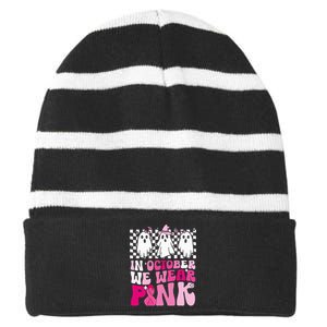 October We Wear Pink Funny Ghost Halloween Breast Cancer Striped Beanie with Solid Band