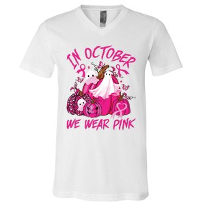 October We Wear Pink Pumpkin Ghost Halloween Breast Cancer V-Neck T-Shirt