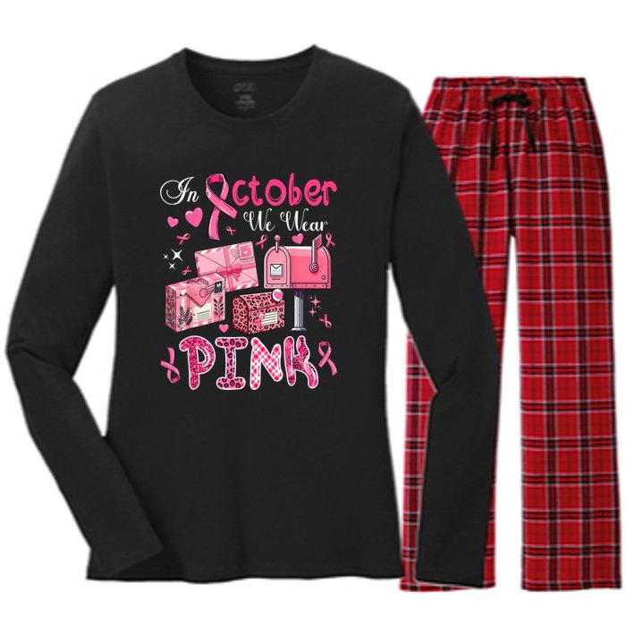 October We Wear Pin.K Awareness Postal Worker Breast Cancer Gift Women's Long Sleeve Flannel Pajama Set 