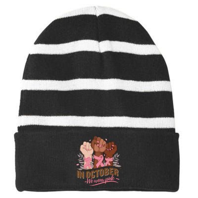 October We Wear P.Ink Halloween Breast Cancer Awareness Striped Beanie with Solid Band