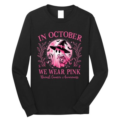 October We Wear P.I.N.K Breast Cancer Awareness Halloween Ghost Long Sleeve Shirt