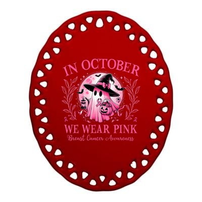 October We Wear P.I.N.K Breast Cancer Awareness Halloween Ghost Ceramic Oval Ornament