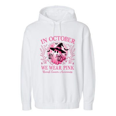 October We Wear P.I.N.K Breast Cancer Awareness Halloween Ghost Garment-Dyed Fleece Hoodie